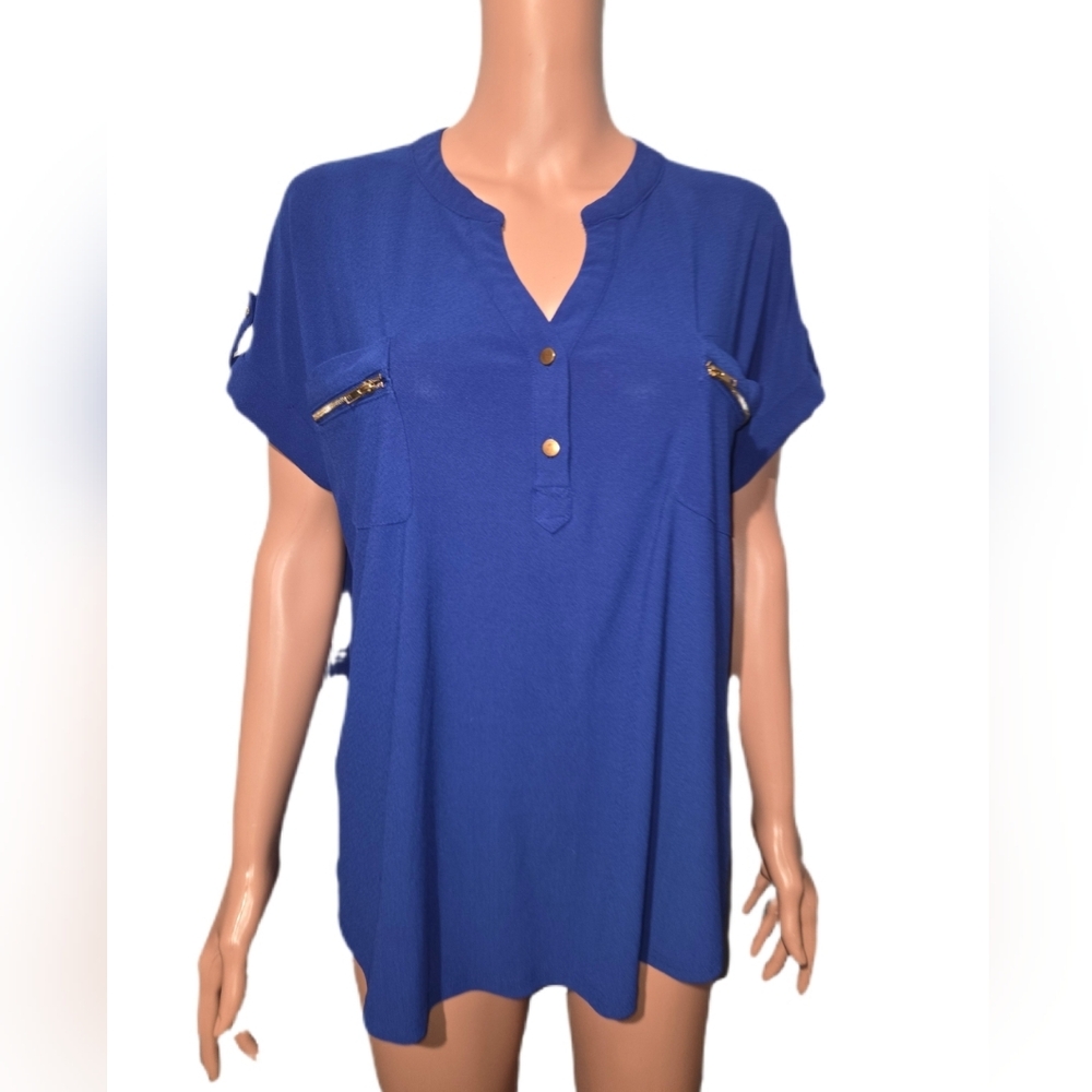 Chic Royal Blue Blouse with Gold Button Accents